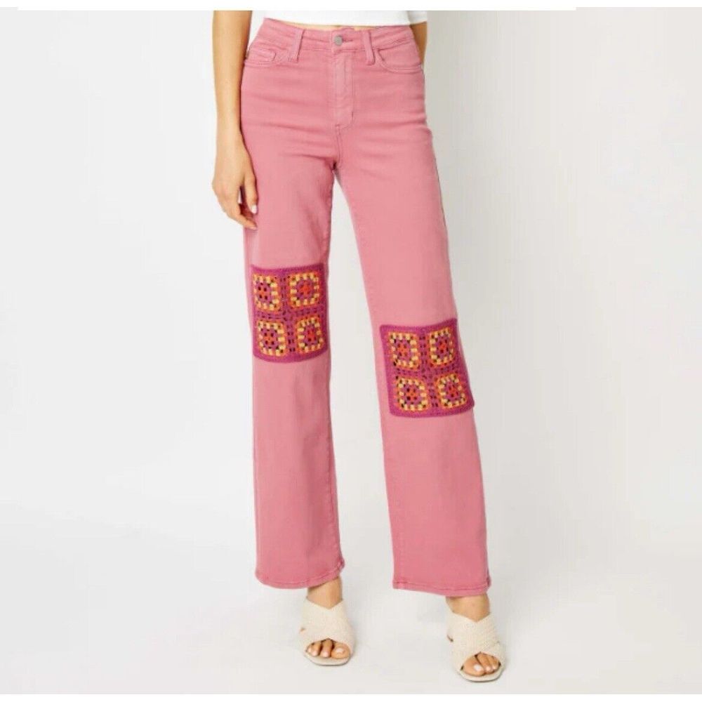 Judy Blue Wide Leg‎ Jeans Women 11/30 Dusty Pink Dyed Crochet Patches NWT